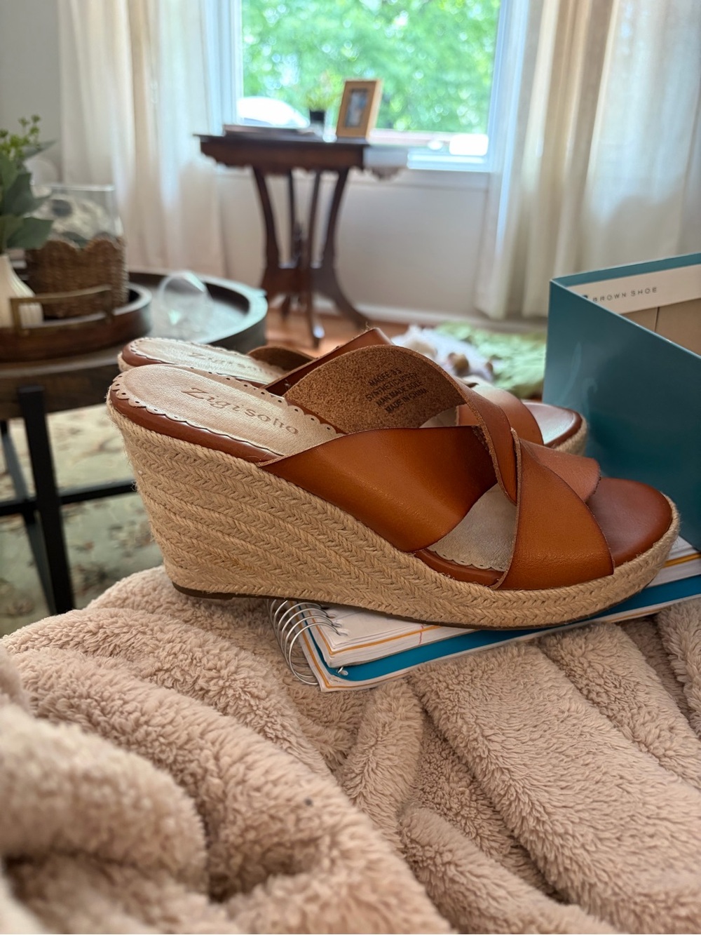 Soho Tan Leather Espadrille Wedge Sandals